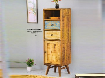 1 Door and 2 Drawer Tall Chest Made of Mango Wood In Distressed Color Patterns